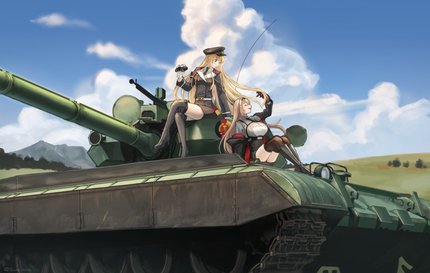 2girls absurdres binoculars blonde_hair blue_sky boots commission commissioner_upload day east_german girls'_frontline green_eyes hat highres kneehighs md5_mismatch military_hat military_uniform military_vehicle motor_vehicle multiple_girls outdoors scenery skeb_commission sky socks stg-940_(girls'_frontline) stg44_(girls'_frontline) sueimo t-55a tank uniform wide_shot