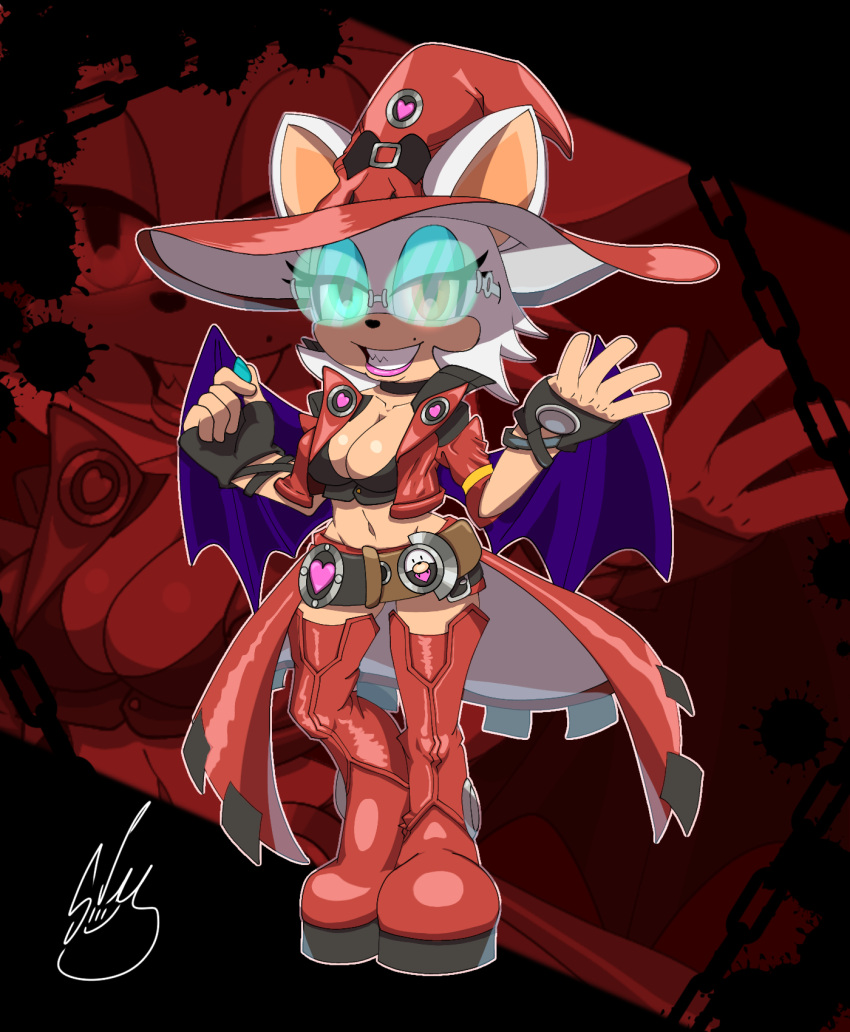 anthro barely_sly bat boots breasts cleavage clothed clothing cosplay crossover crossover_cosplay eyewear female fingerless_gloves footwear fur gloves guilty_gear handwear hat headgear headwear hi_res i-no lipstick makeup mammal navel rouge_the_bat sega signature smile solo sonic_the_hedgehog_(series) sunglasses tan_body tan_skin white_body white_fur wings