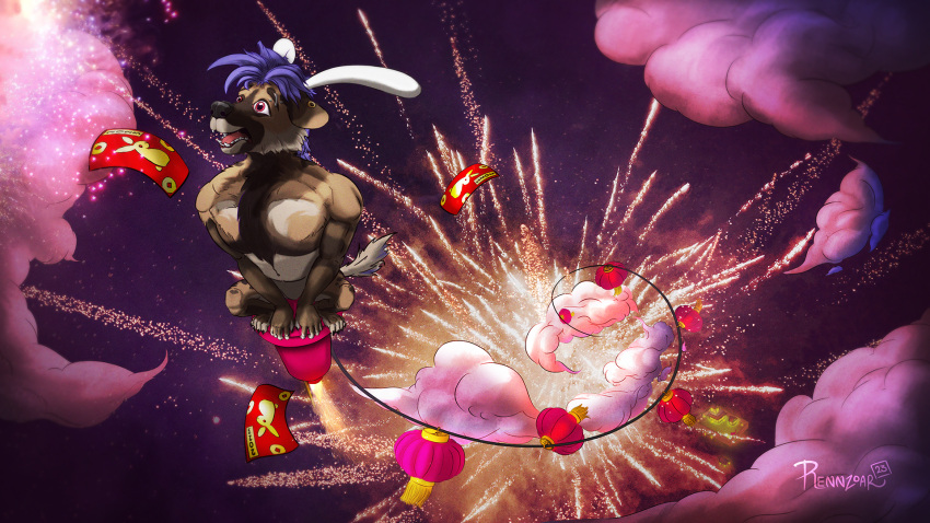 16:9 anthro bunny_costume clothing costume explosion fake_ears fake_rabbit_ears fireworks hi_res himbobangings holidays hyena lamp lantern male mammal new_year new_year_2023 red_packet rennzoar rocket solo widescreen