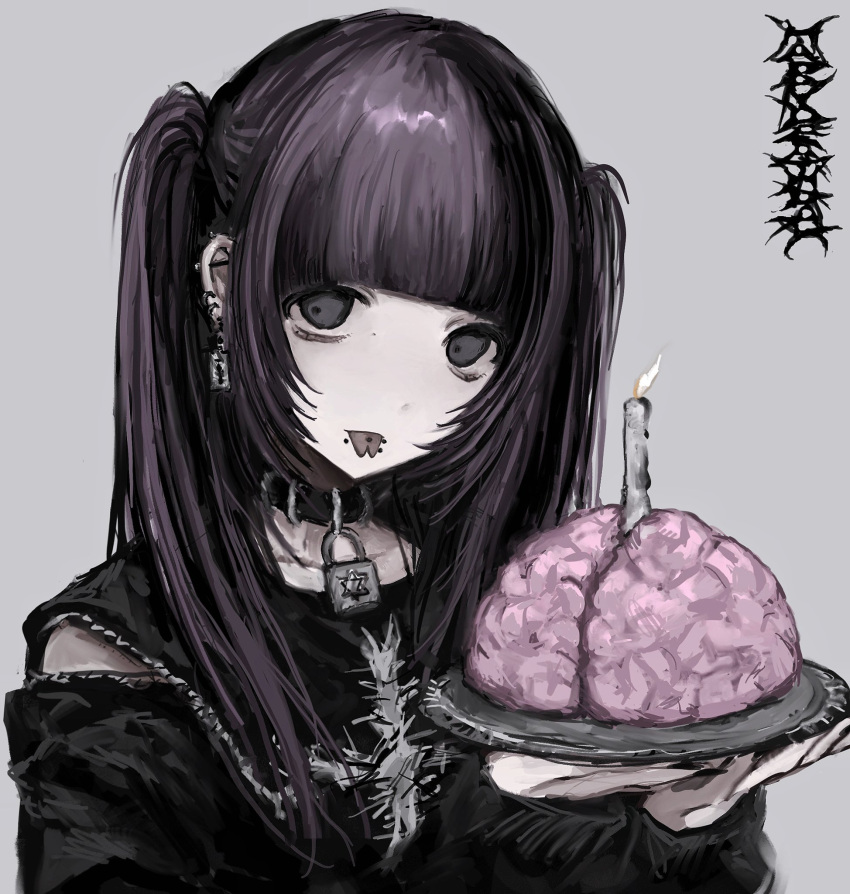 1girl bags_under_eyes black_choker black_jacket black_shirt blunt_bangs brain candle chan8016 choker collarbone ear_piercing earrings empty_eyes fire forked_tongue gothic grey_background grey_eyes hands_up head_tilt hexagram highres holding jacket jewelry lock long_hair long_sleeves looking_at_viewer mouth_piercing off_shoulder original pale_skin piercing razor_blade_earrings shirt sidelocks simple_background sleeveless sleeveless_shirt solo star_of_david tongue tongue_out tongue_piercing tray twintails upper_body