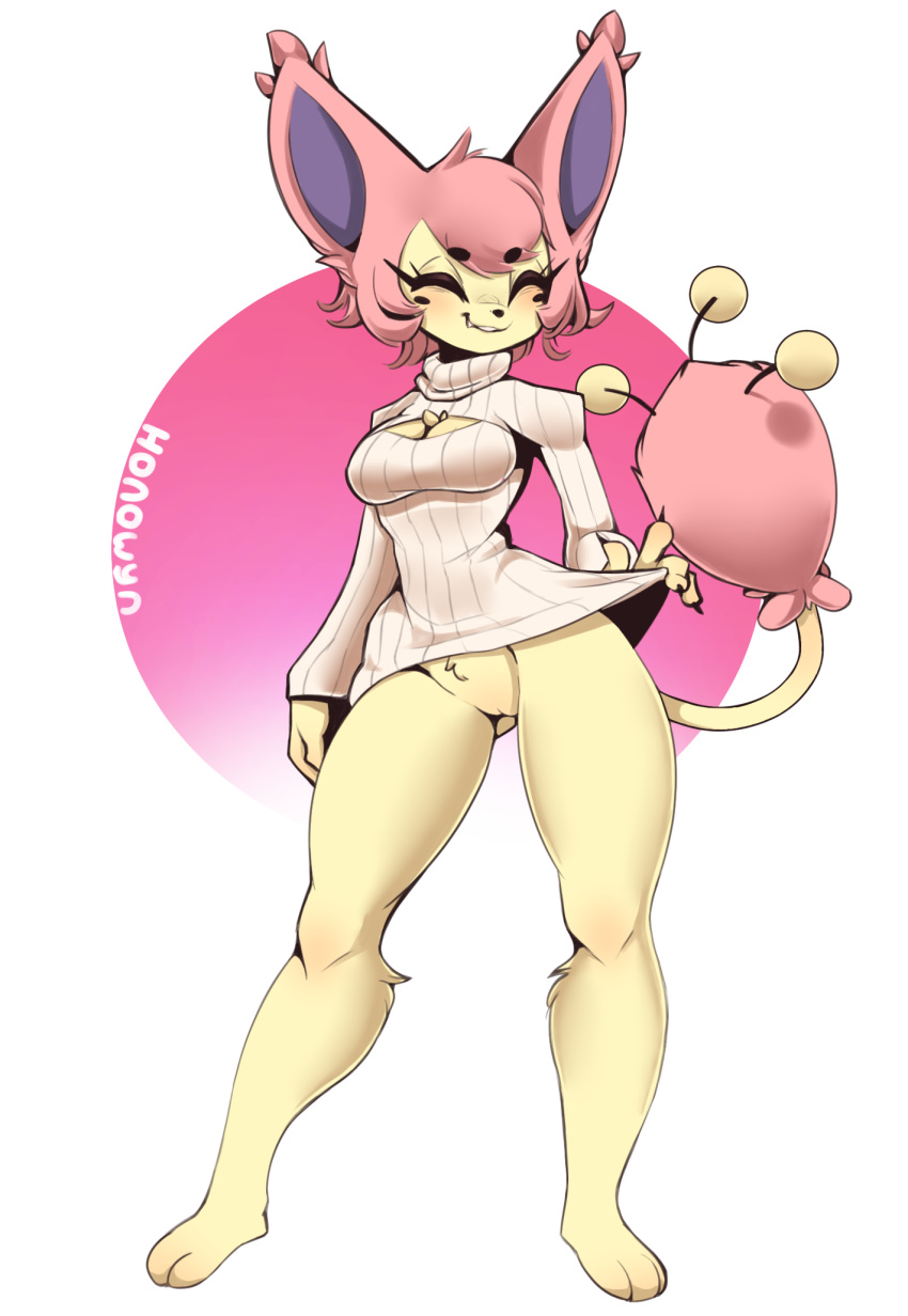 anthro blush bottomless bottomless_anthro bottomless_female breasts clothed clothing eyes_closed female front_view generation_3_pokemon genitals hi_res honowyn nintendo pink_body pokemon pokemon_(species) pokemorph pussy skitty smile solo yellow_body