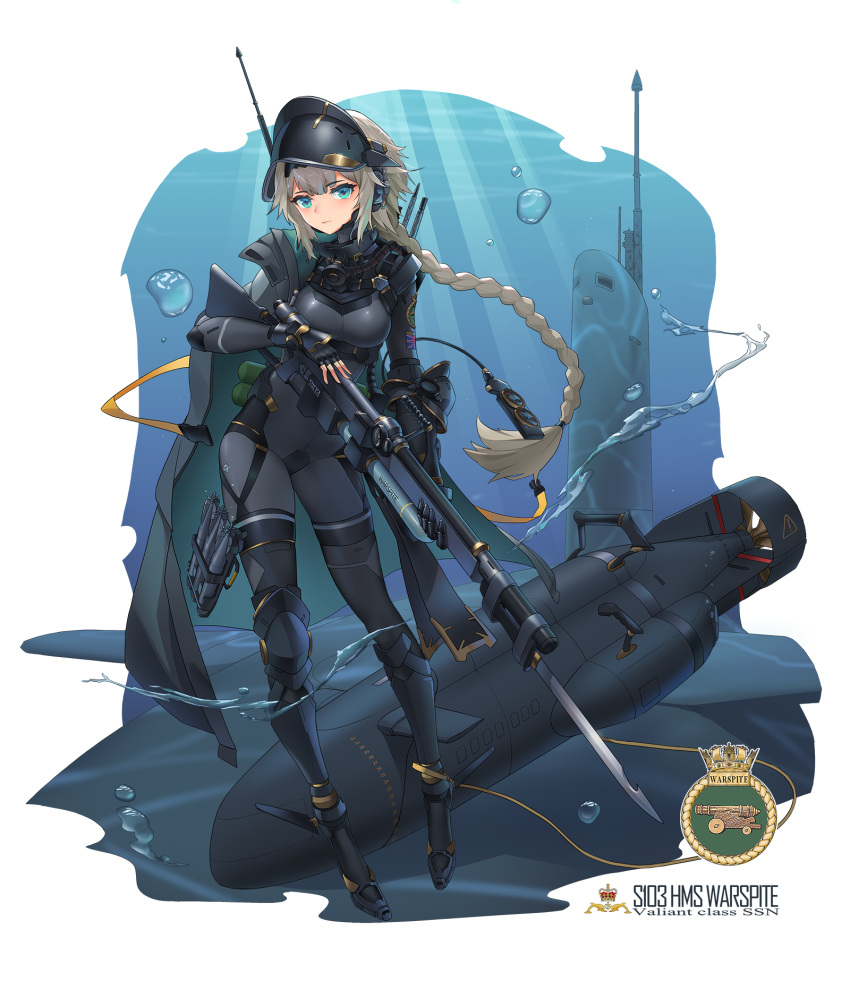 1girl asymmetrical_gloves bayonet black_gloves black_wetsuit blonde_hair blue_eyes bodysuit braid breasts character_name fingerless_gloves gloves gun head-mounted_display highres hms_warspite_(badge) hms_warspite_(s103) holding holding_weapon long_braid long_hair machinery mechanical_arms medium_breasts original personification rifle royal_navy sima_naoteng single_braid single_fingerless_glove solo submarine torpedo union_jack very_long_hair watercraft weapon wetsuit