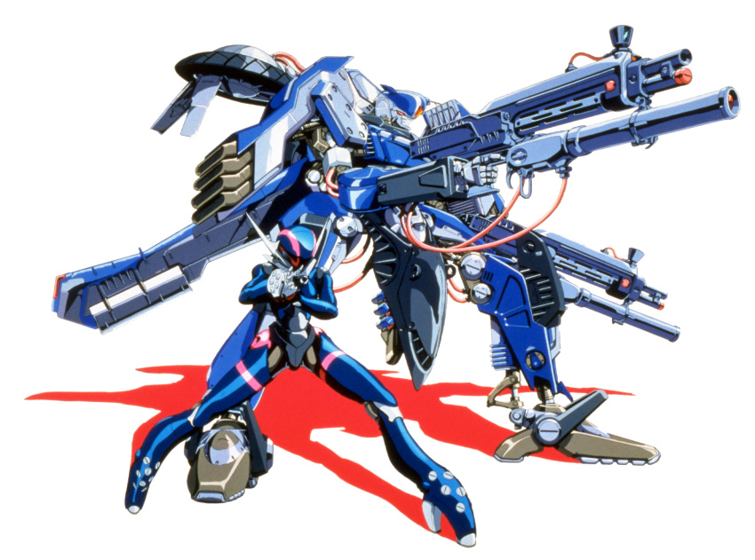 1980s_(style) 1girl aiming aramaki_shinji bubblegum_crisis cable colored_shadow dual_wielding grenade_launcher gun hardsuit highres holding holding_gun holding_weapon mecha motoslave official_art power_armor priscilla_asagiri retro_artstyle rifle robot shadow simple_background standing weapon white_background