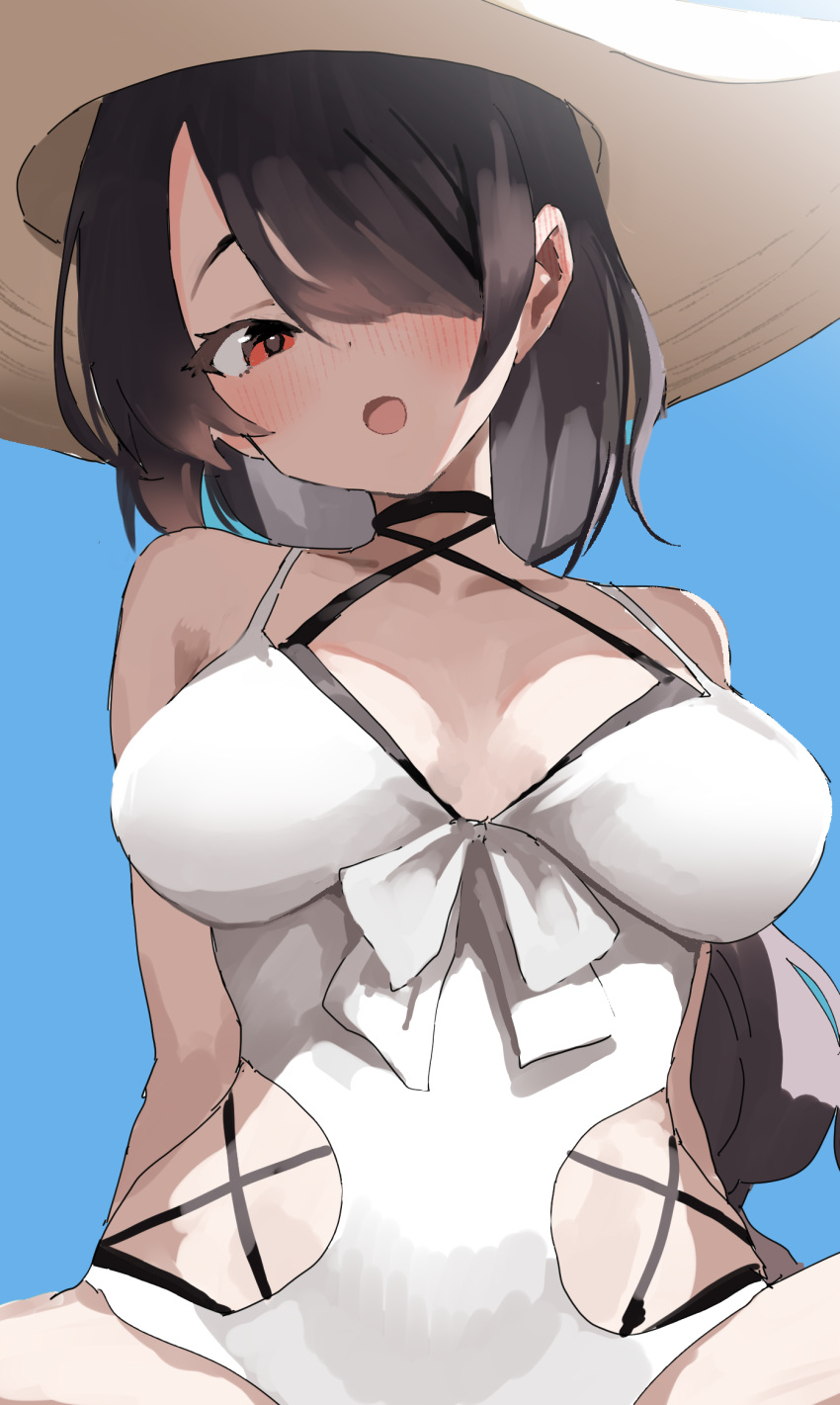 1girl black_hair blue_archive blush breasts cleavage collarbone commentary_request hair_over_one_eye hat highres hinata_(blue_archive) hinata_(swimsuit)_(blue_archive) large_breasts long_hair looking_at_viewer nejiresyake official_alternate_costume one-piece_swimsuit open_mouth red_eyes solo swimsuit white_headwear white_one-piece_swimsuit