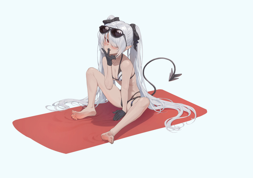 1girl absurdres arm_support aviator_sunglasses barefoot beach_towel bikini black_bikini black_gloves black_nails black_ribbon blue_archive blue_background breasts cleavage dark-skinned_female dark_skin demon_tail eyewear_on_head feet gloves grey_hair hair_over_one_eye hair_ribbon highres iori_(blue_archive) iori_(swimsuit)_(blue_archive) legs_apart long_hair looking_at_viewer nail_polish open_mouth red_eyes ribbon ribs shiliuye_zhongguo simple_background sitting small_breasts smile soles solo sunglasses swept_bangs swimsuit tail toenail_polish toenails toes towel tsurime twintails very_long_hair