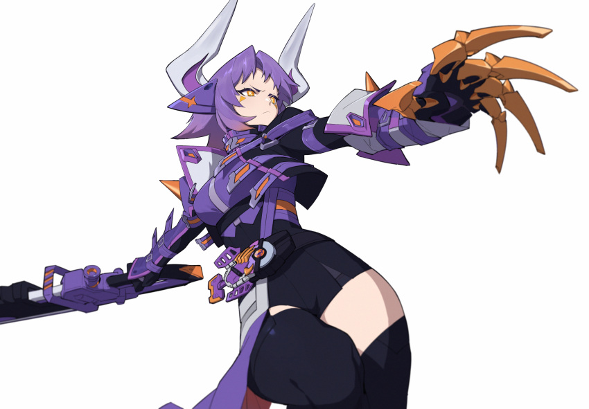 1girl armor black_thighhighs bodysuit breastplate chainsaw claw_(weapon) cowboy_shot desire_driver driver_(kamen_rider) frown gauntlets genderswap genderswap_(mtf) highres holding holding_weapon horns kamen_rider kamen_rider_buffa kamen_rider_geats_(series) purple_hair raise_buckle rider-tan short_hair shoulder_armor simple_background sixbane solo spikes symbol-shaped_pupils thighhighs weapon white_background x-shaped_pupils yellow_eyes zombie zombie_breaker zombie_buckle