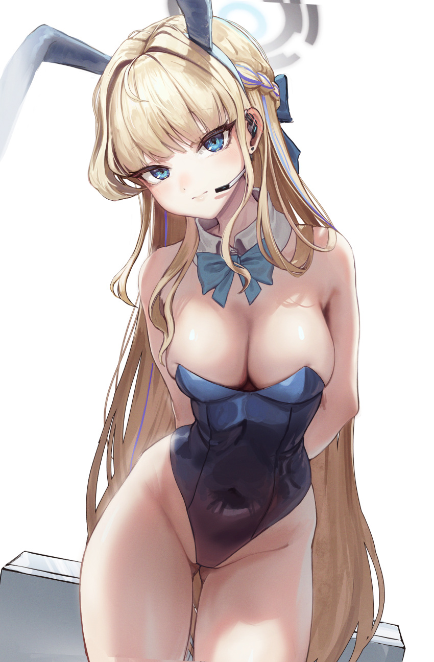 1girl absurdres animal_ears apopo aqua_bow aqua_bowtie armpits arms_behind_back ass_visible_through_thighs bag blonde_hair blue_archive blue_eyes blue_hair blue_leotard blush bow bowtie braid breasts cleavage covered_navel cowboy_shot detached_collar ear_blush earrings fake_animal_ears french_braid groin hair_intakes halo head_tilt headset highres holding holding_bag jewelry large_breasts leotard long_hair looking_at_viewer multicolored_hair official_alternate_costume playboy_bunny rabbit_ears simple_background skindentation solo streaked_hair stud_earrings toki_(blue_archive) toki_(bunny)_(blue_archive) very_long_hair white_background