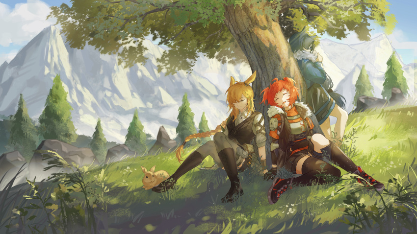 3girls :3 :d absurdres ahoge animal_ears arknights arm_support beagle_(arknights) beagle_(dreadnaught)_(arknights) black_footwear black_gloves black_jacket black_shorts black_thighhighs black_vest blonde_hair braid braided_ponytail chinese_commentary closed_eyes cloud commentary_request cross-laced_footwear eyewear_removed fang_(arknights) fang_(cruciata)_(arknights) glasses gloves grass grey_pantyhose highres horse_ears jacket kroos_(arknights) kroos_the_keen_glint_(arknights) light_rays long_hair mountain multiple_girls open_mouth pantyhose rabbit rabbit_ears red-framed_eyewear red_hair red_shirt rock shirt shoes short_hair short_twintails shorts sky smile thighhighs tree twintails uninhabitedisland429 very_long_hair vest white_shirt