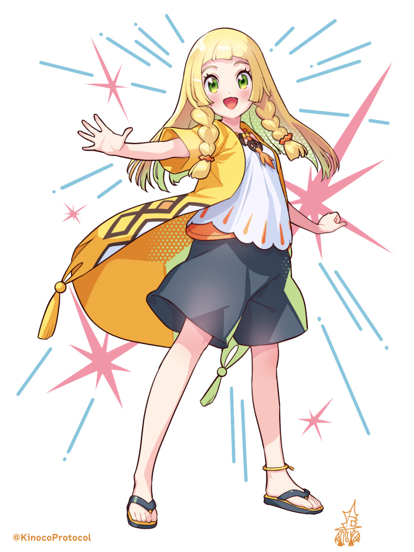 1girl :d anklet black_footwear blonde_hair blunt_bangs blush braid coat commentary_request cosplay eyelashes full_body green_eyes hau_(pokemon) hau_(pokemon)_(cosplay) hau_(sygna_suit)_(pokemon) highres jewelry kinocopro lillie_(pokemon) long_hair looking_at_viewer open_clothes open_coat open_mouth pokemon pokemon_(game) pokemon_masters_ex pokemon_sm sandals shirt shorts smile solo spread_fingers standing toes twin_braids twitter_username watermark white_shirt yellow_coat