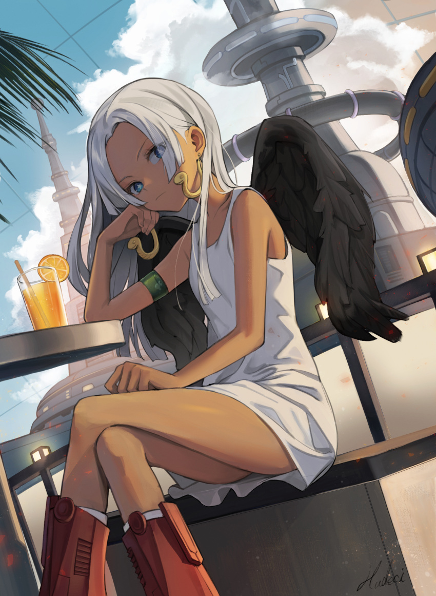1girl armband bench beruko14 black_wings blue_eyes boots bright_pupils building closed_mouth crossed_legs cup dark-skinned_female dark_skin day dress drinking_glass earrings feathered_wings food fruit green_armband hand_on_own_cheek hand_on_own_face hand_rest highres jewelry juice long_hair looking_at_viewer one_piece orange_(fruit) orange_slice outdoors s-snake seraphim_(one_piece) sidelocks sitting snake_earrings solo star-shaped_pupils star_(symbol) symbol-shaped_pupils table white_dress white_hair white_pupils wings