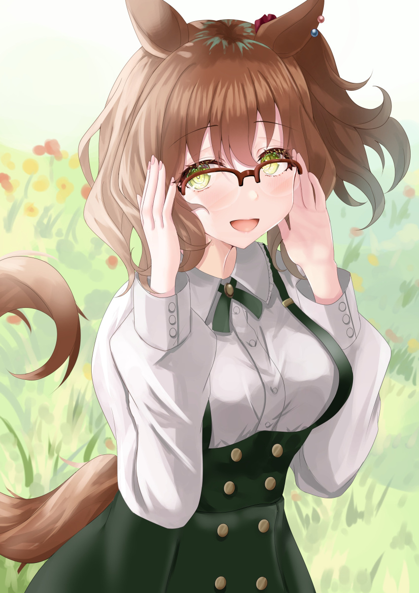 1girl absurdres animal_ears aston_machan_(umamusume) brown_hair buttons collared_shirt commentary_request double-breasted dress ear_ornament flower grass green_dress green_eyes green_ribbon hair_between_eyes highres horse_ears horse_girl horse_tail long_sleeves looking_at_viewer medium_hair official_alternate_costume open_mouth outdoors puffy_sleeves red-framed_eyewear ribbon semi-rimless_eyewear shirt side_ponytail smile solo tail tsuyusora umamusume