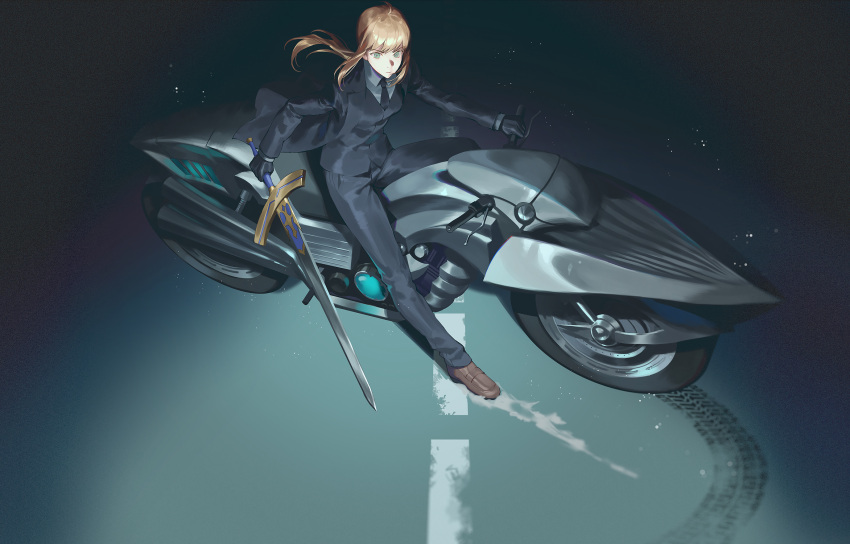 1girl ahoge artoria_pendragon_(fate) black_gloves black_necktie black_suit blonde_hair fajyobore fate/zero fate_(series) formal gloves green_eyes highres holding holding_sword holding_weapon motor_vehicle motorcycle necktie on_motorcycle pant_suit pants saber skid_mark solo suit sword weapon