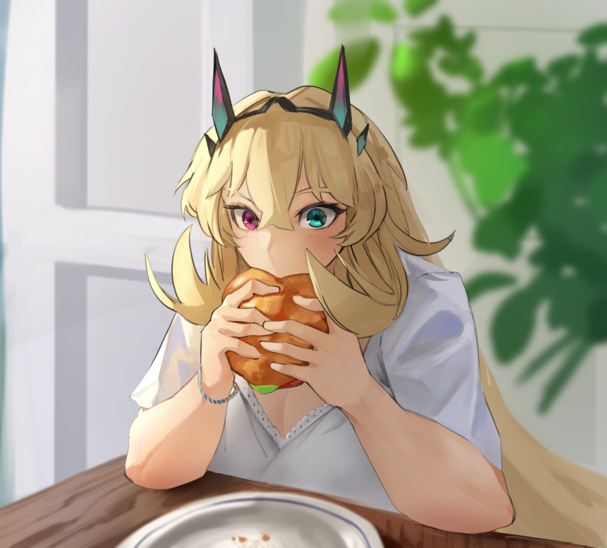 1girl absurdres barghest_(fate) blonde_hair blush bracelet breasts burger cleavage dress eating fairy_knight_gawain_(dream_portrait)_(fate) fate/grand_order fate_(series) food green_eyes heterochromia highres horns huge_breasts jewelry long_hair muscular muscular_female obazzotto plate red_eyes short_sleeves solo white_dress