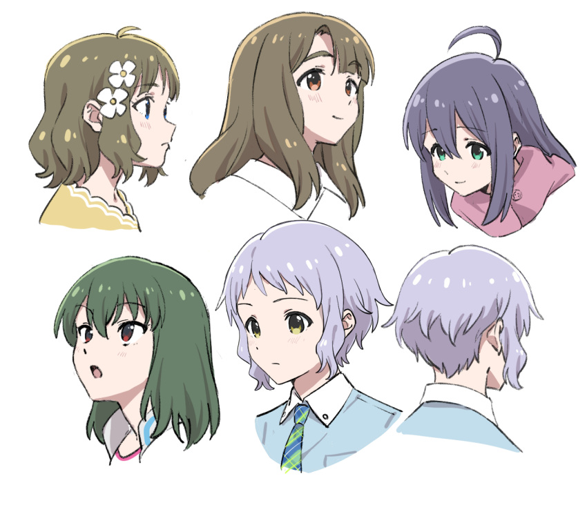 5girls ahoge aqua_eyes blue_eyes blue_shirt brown_eyes brown_hair checkered_necktie commentary cropped_head dress expressionless flower from_behind green_hair hair_flower hair_ornament idolmaster idolmaster_million_live! light_blush long_hair looking_ahead looking_up makabe_mizuki medium_hair miyao_miya mochizuki_anna multiple_girls multiple_views nagayoshi_subaru necktie pink_sweater profile purple_hair red_eyes shirt short_hair sidelocks smile suou_momoko sweater toji102m wavy_hair white_background yellow_dress yellow_eyes