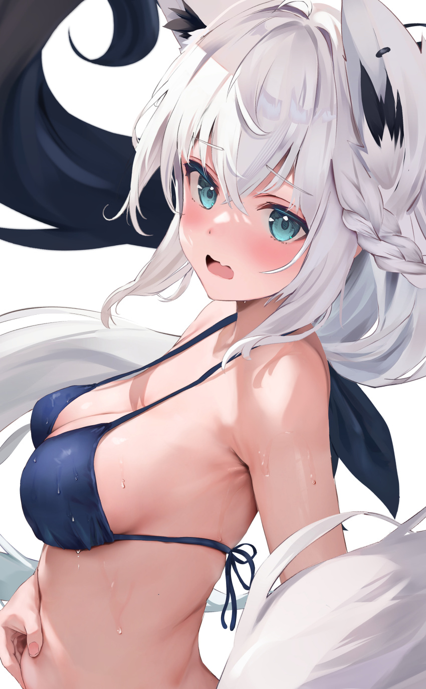 1girl absurdres alternate_costume animal_ears bare_shoulders belly_grab bikini black_bikini blue_eyes blush braid breasts cleavage commentary_request fox_ears fox_girl from_side furrowed_brow highres hololive long_hair looking_at_viewer looking_to_the_side medium_breasts open_mouth paid_reward_available shirakami_fubuki simple_background single_braid solo swimsuit uechin_ewokaku upper_body virtual_youtuber wet white_background white_hair