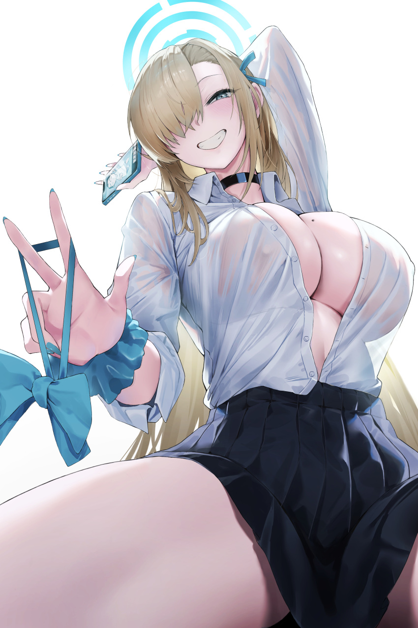 1girl absurdres akiaki_aki asuna_(blue_archive) black_skirt blonde_hair blue_archive blue_eyes blue_nails bow bowtie bowtie_removed breasts cellphone cleavage grin halo highres holding holding_phone large_breasts mole mole_on_breast open_clothes open_shirt phone pleated_skirt scrunchie shirt_tucked_in simple_background sitting skirt smartphone smile solo teeth thighs w white_background wrist_scrunchie