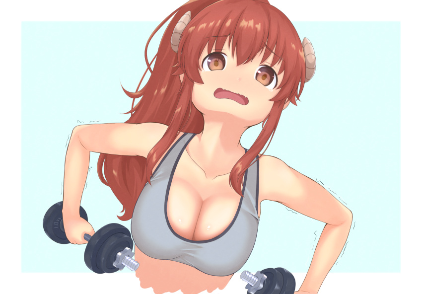 1girl bare_arms blue_background bra breasts brown_eyes cleavage collarbone curled_horns demon_girl demon_horns dumbbell dutch_angle exercise fang furrowed_brow grey_bra hair_between_eyes highres horns large_breasts long_hair looking_at_viewer machikado_mazoku open_mouth ponytail shiny_skin sidelocks simple_background solo sonao sports_bra strong tears trembling underwear upper_body very_long_hair wavy_hair wavy_mouth weightlifting yoshida_yuuko_(machikado_mazoku)