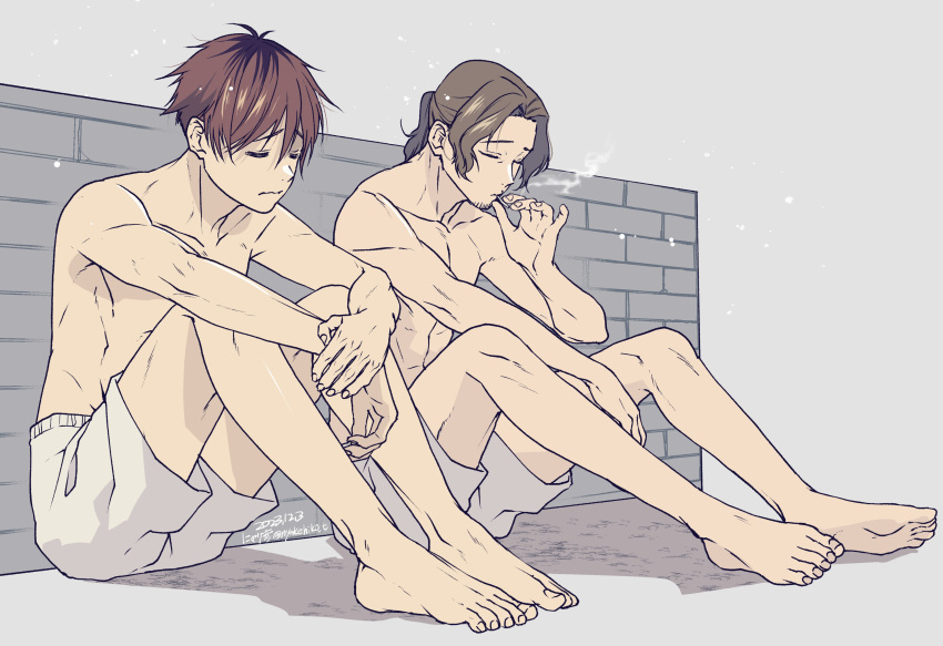 2boys absurdres barefoot black_hair boxers brick_wall closed_eyes closed_mouth commentary_request dated frown full_body hair_between_eyes hand_up highres male_focus male_underwear multiple_boys parted_bangs red_hair sein_(sousou_no_frieren) short_hair sitting smoke smoking sousou_no_frieren stark_(sousou_no_frieren) takehide twitter_username underwear underwear_only