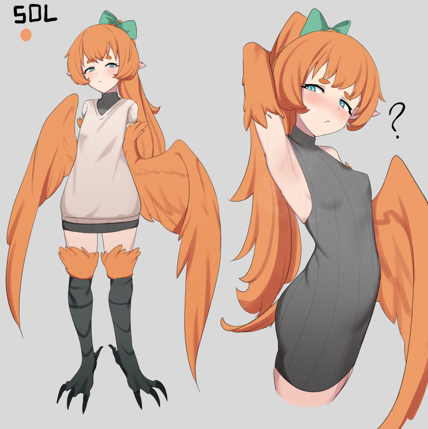 1girl ? absurdres armpits bird_legs bird_tail black_sweater blue_eyes blush breasts character_name commentary dress green_ribbon grey_background hair_ribbon harpy highres long_hair monster_girl multiple_views orange_feathers orange_hair orange_wings original pointy_ears ponytail ribbed_sweater ribbon simple_background sleeveless sleeveless_sweater sleeveless_turtleneck small_breasts sol_(thus0) sweater sweater_dress tail talons thus0thus turtleneck turtleneck_sweater winged_arms wings