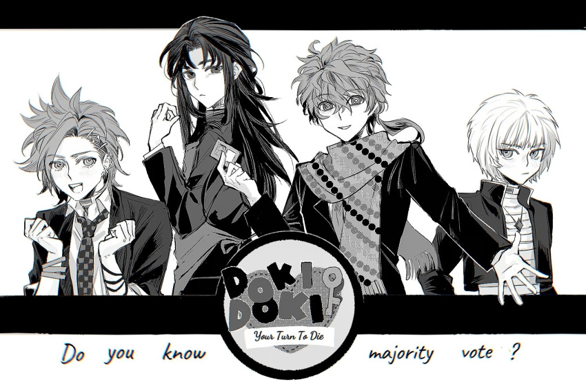 4boys :&lt; :/ :d apron beckoning blazer bowl_cut bracelet card checkered_necktie choppy_bangs closed_mouth copyright_name cropped_jacket doki_doki_literature_club earrings english_text fringe_trim greyscale hair_between_eyes hair_ornament hairclip hairpin hand_up hands_up holding holding_card jacket jewelry kageyama_ranmaru kimi_ga_shine lapels letterboxed light_blush long_hair long_sleeves looking_at_viewer low_ponytail male_focus medium_hair midori_(kimi_ga_shine) monochrome multiple_boys necklace necktie notched_lapels open_clothes open_jacket parody parted_bangs parted_lips pipoabubu polka_dot polka_dot_scarf ringed_eyes satou_kai scarf school_uniform shirt short_hair simple_background smile sonobeno_school_uniform striped striped_shirt suit_jacket swept_bangs tazuna_joe teeth upper_body upper_teeth_only white_background