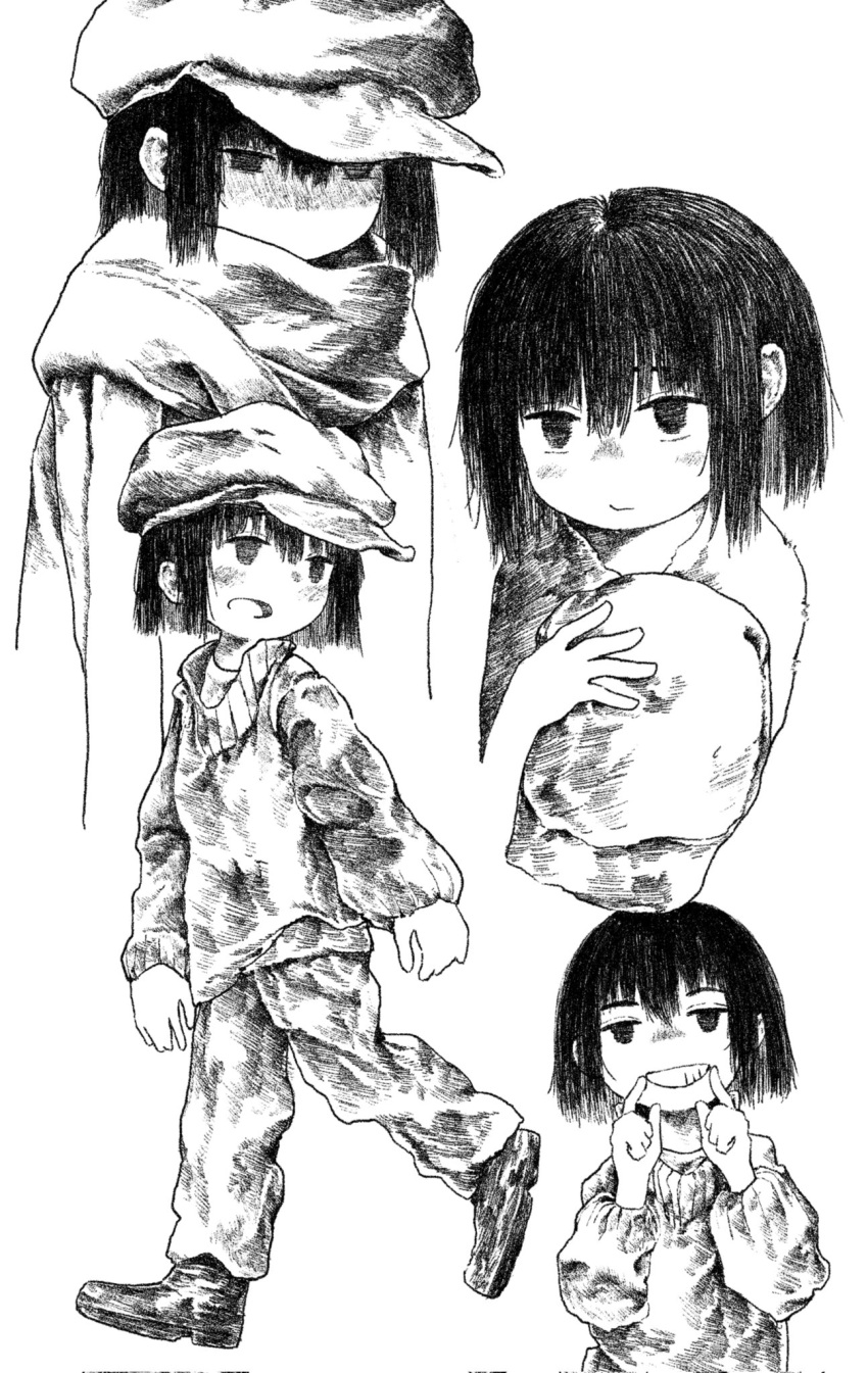 1girl closed_mouth fingersmile greyscale hand_up hands_up hat highres holding holding_clothes holding_hat jitome kilsturgeon long_sleeves monochrome multiple_views no_mouth open_mouth original short_hair sidelocks simple_background