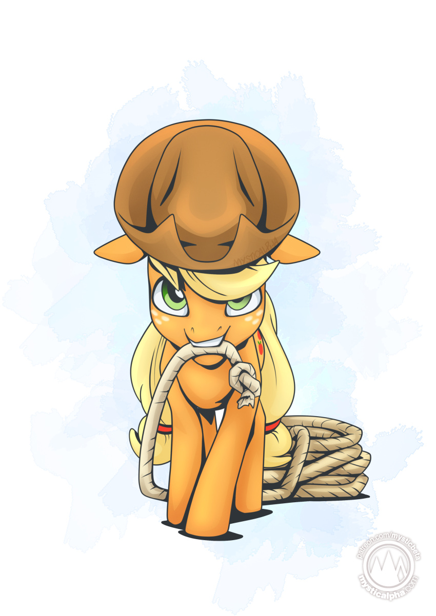 2023 absurd_res accessory applejack_(mlp) blonde_hair blonde_mane clothing cowboy_hat digital_media_(artwork) earth_pony equid equine female feral freckles friendship_is_magic fur furgonomics green_eyes hair hair_accessory hair_tie hasbro hat headgear headwear hi_res horse looking_at_viewer mammal mane mouth_hold my_little_pony mysticalpha orange_body orange_fur pony rope solo tail tail_accessory teeth yellow_tail