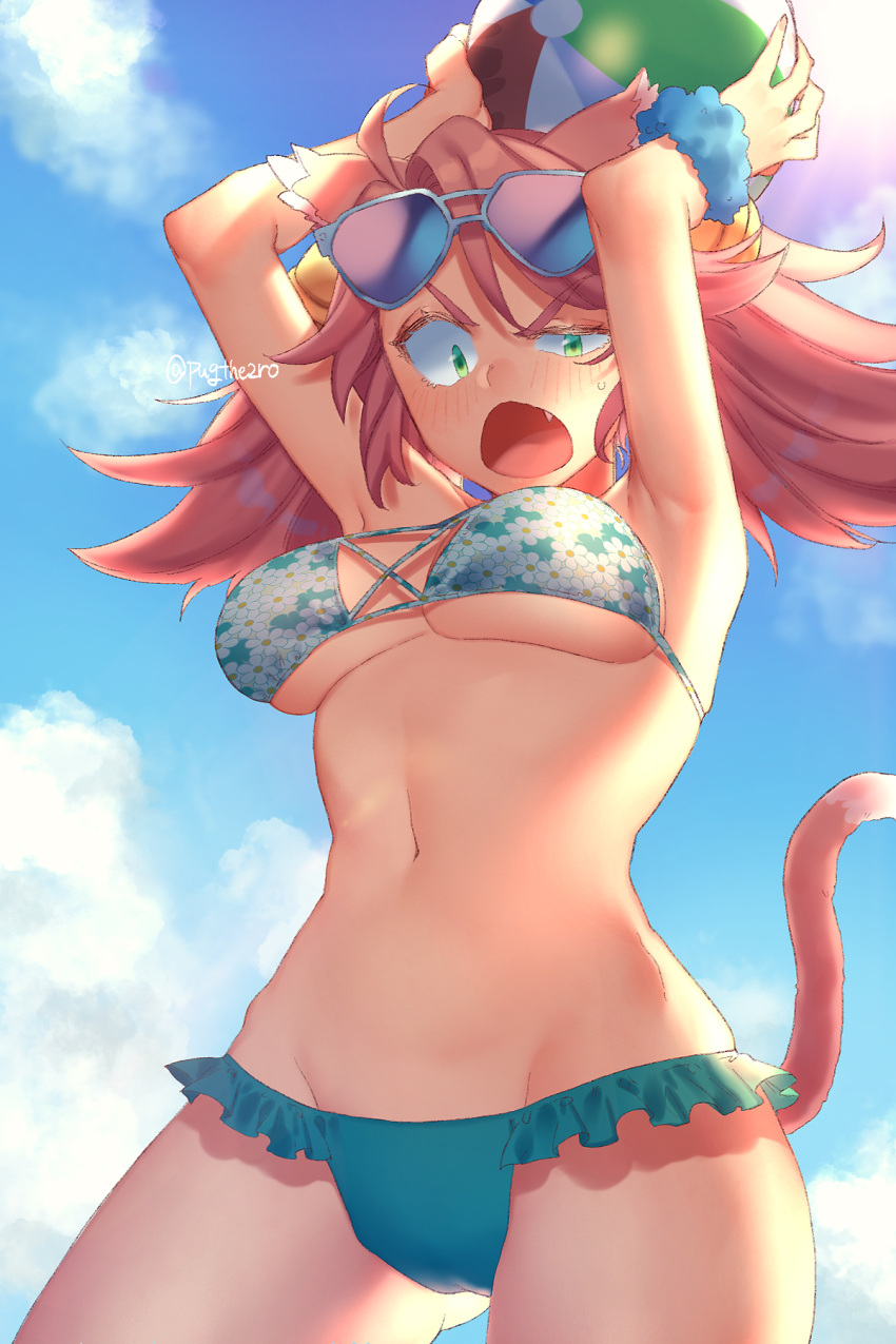 1girl animal_ears arms_up ball beachball bell bikini blue_sky blush breasts cat_ears cat_girl cat_tail cloud commentary_request cowboy_shot cross-laced_bikini cross-laced_clothes eyewear_on_head fang floral_print floral_print_bikini frilled_bikini frills hair_bell hair_ornament highres holding holding_ball holding_beachball mad_mew_mew medium_hair navel open_mouth outdoors pink_hair pugthe2ro scrunchie sky solo sunglasses swimsuit tail twitter_username undertale wrist_scrunchie