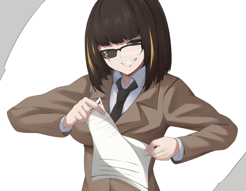 1girl black_hair breasts brown_eyes business_suit evil_smile girls'_frontline glasses highres looking_at_viewer m16a1_(girls'_frontline) necktie scar scar_across_eye simple_background smile suit upper_body