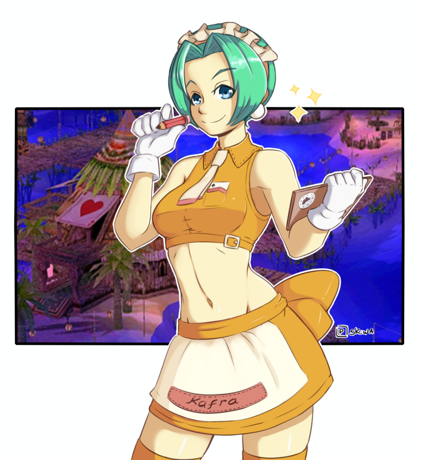 1girl blue_eyes breasts chief_(skiwa) clipboard closed_mouth commentary contrapposto cowboy_shot crop_top english_commentary game_screenshot_background gloves green_hair heart highres holding holding_clipboard holding_pencil kafra_uniform looking_at_viewer maid maid_headdress medium_breasts midriff miniskirt navel necktie orange_shirt orange_skirt orange_thighhighs outline parted_bangs pencil pixiv_username ragnarok_online sampaguita_(ragnarok_online) shirt short_hair skirt sleeveless sleeveless_shirt smile solo sparkle tent thighhighs white_gloves white_necktie white_outline