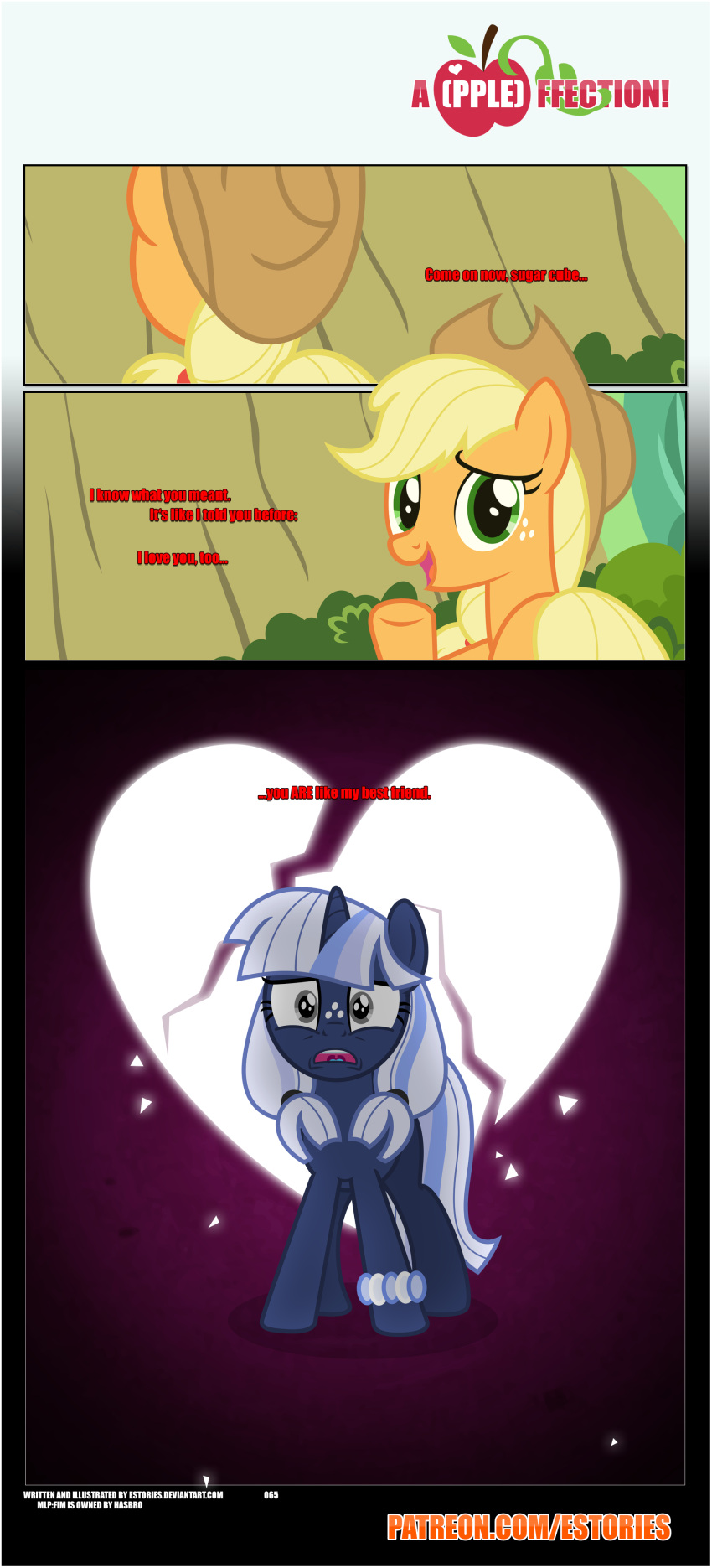 &lt;/3 absurd_res applejack_(mlp) bangs black_border border bracelet broken clothing cowboy_hat cutie_mark dialogue distraught duo ears_up earth_pony emotional_damage equid equine estories faded female feral freckles freckles_on_face friend_zoned friendship_is_magic frown hasbro hat headgear headwear heartbroken hi_res hooves horn horse jewelry looking_back mammal my_little_pony oblivious open_mouth outside plant pony raised_hoof shrub silverlay_(estories) smile unicorn