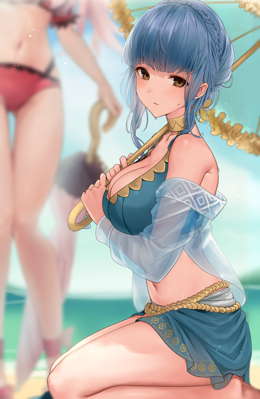 2girls bikini blue_bikini blue_hair blurry blurry_background blush braid breasts brown_eyes cleavage crown_braid fire_emblem fire_emblem:_three_houses fire_emblem_heroes haru_(nakajou-28) highres hilda_valentine_goneril hilda_valentine_goneril_(summer) holding holding_umbrella large_breasts looking_at_viewer marianne_von_edmund marianne_von_edmund_(summer) multiple_girls navel official_alternate_costume parasol pink_bikini sarong see-through short_hair short_hair_with_long_locks sidelocks sitting solo_focus stomach swimsuit umbrella wariza wet