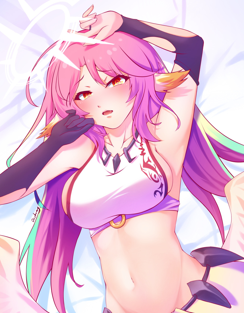 +_+ 1girl absurdres angel_wings armpits arms_up bare_shoulders bed_sheet blush breasts bridal_gauntlets cape collarbone commentary_request compass_rose_halo crop_top feathered_wings gradient_hair groin hair_between_eyes halo highres jibril_(no_game_no_life) long_hair looking_at_viewer low_wings lying medium_breasts midriff multicolored_hair navel no_game_no_life on_back open_mouth pink_hair saliva shadow shirt sideboob sidelocks signature single_bridal_gauntlet sleeveless sleeveless_shirt solo tao_dazhuang tattoo upper_body waist_cape white_shirt white_wings wing_ears wings yellow_cape yellow_eyes
