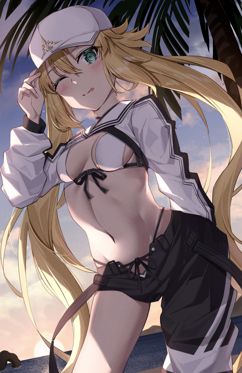 1girl absurdres artoria_caster_(fate) artoria_caster_(swimsuit)_(fate) artoria_pendragon_(fate) asymmetrical_clothes baseball_cap beach bikini black_pants blonde_hair blue_sky blush breasts cropped_jacket fate/grand_order fate_(series) gradient_sky green_eyes hat highres jacket long_hair long_sleeves looking_at_viewer navel one_eye_closed orange_sky palm_tree pants shrug_(clothing) single_pantsleg sky small_breasts smile solo sunset swimsuit thighs tongue tongue_out toukan tree twilight twintails white_bikini white_headwear white_jacket