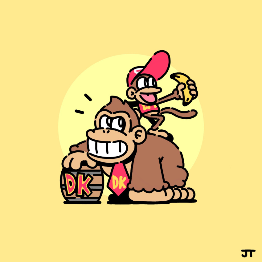 1:1 2023 3_toes 4_fingers ape bar_emanata barrel baseball_cap biped black_eyes bottomless brown_body brown_fur clothed clothing diddy_kong digital_drawing_(artwork) digital_media_(artwork) donkey_kong_(character) donkey_kong_(series) duo emanata feet feral fingers flat_colors food fruit fur gorilla haplorhine happy hat headgear headwear hi_res holding_banana holding_food holding_fruit holding_object james_turner larger_male looking_at_another male mammal monkey necktie nintendo open_mouth open_smile plant primate red_baseball_cap red_clothing red_hat red_headwear red_necktie red_topwear signature simple_background size_difference smaller_male smile tail teeth toes tongue toothy_grin topwear yellow_background