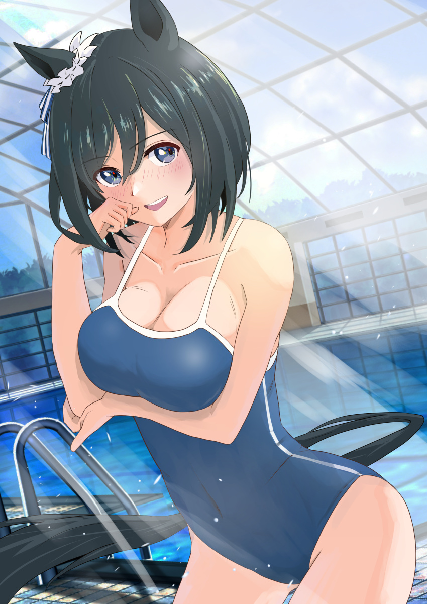 1girl absurdres alternate_costume animal_ears arm_under_breasts bare_shoulders black_hair blue_eyes blue_one-piece_swimsuit blush breasts cleavage collarbone commentary competition_swimsuit cowboy_shot ear_ornament eishin_flash_(umamusume) hair_between_eyes highres horse_ears horse_girl horse_tail large_breasts looking_at_viewer one-piece_swimsuit sanche_(3che3) short_hair smile solo swimsuit tail umamusume