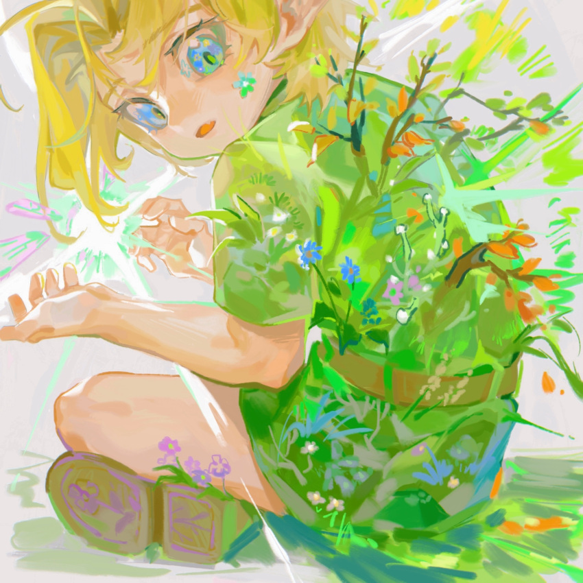 1boy bare_arms blonde_hair blue_eyes blue_flower boots branch brown_footwear child flower from_behind glowing grass green_tunic grey_background highres indian_style link looking_away male_child male_focus octahooves overgrown parted_lips petals plant pointy_ears shoe_soles short_hair short_sleeves sitting solo surprised the_legend_of_zelda
