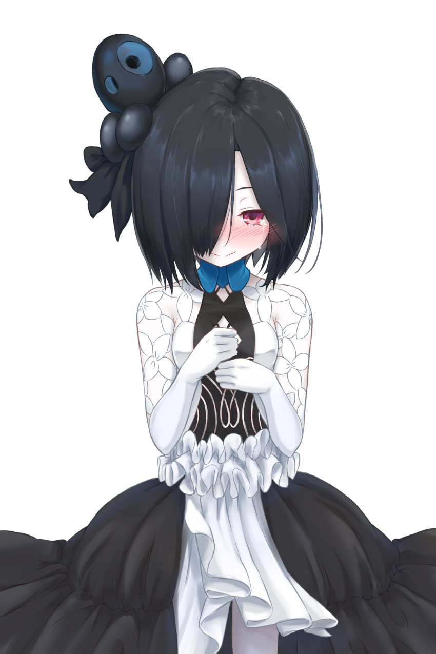 1girl absurdres black_dress black_hair black_surge_night blush bouquet colored_skin commentary_request crying crying_with_eyes_open dress elbow_gloves frilled_dress frills gloves hair_over_one_eye highres holding luetzow_(black_surge_night) medium_hair octopus_hair_ornament official_alternate_costume pale_skin red_eyes soanote tears white_background white_dress white_gloves white_skin