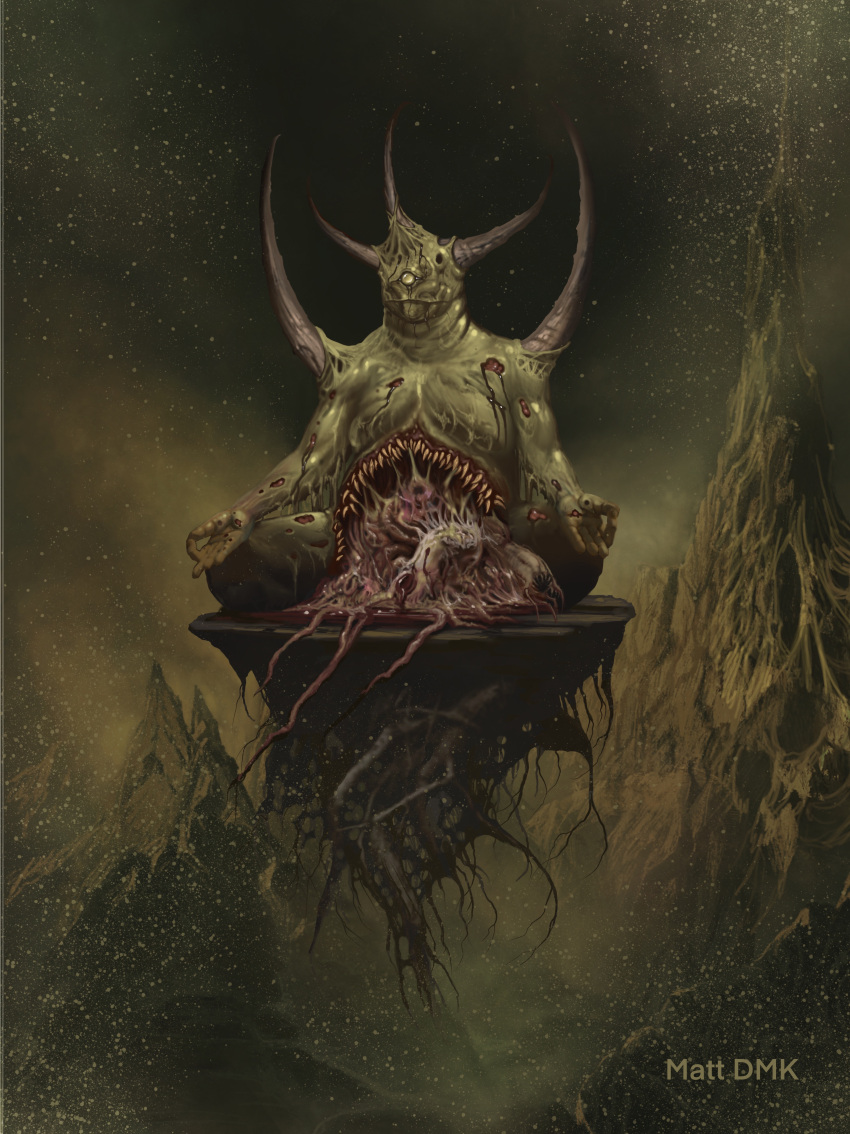 1boy absurdres artist_name black_blood blood chaos_(warhammer) commentary cyclops decay deckart demon demon_horns english_commentary fumes garden_of_nurgle heresy highres hole_on_body horns meditation miasma mutation nurgle one-eyed warhammer_40k