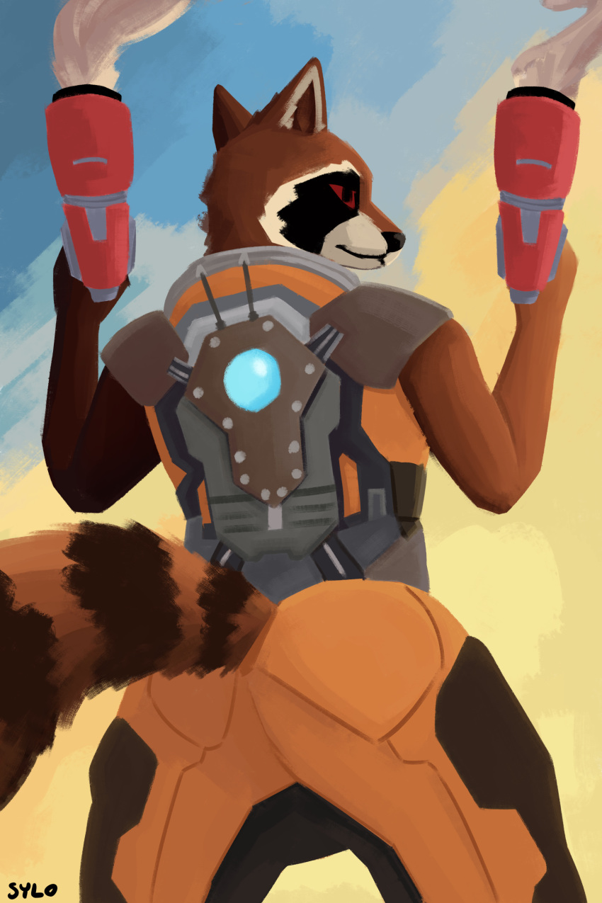 2023 absurd_res anthro blaster_pistol brown_body brown_fur clothed clothing digital_media_(artwork) fur guardians_of_the_galaxy hi_res male mammal marvel procyonid raccoon red_eyes rocket_raccoon simple_background smoke solo sylo tail weapon