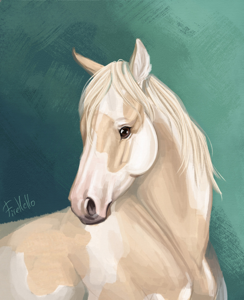 andromorph brown_eyes digital_media_(artwork) digital_painting_(artwork) equid equine feral fihell hi_res horse intersex looking_away mammal mane portrait realistic signature simple_background solo spots spotted_body white_mane