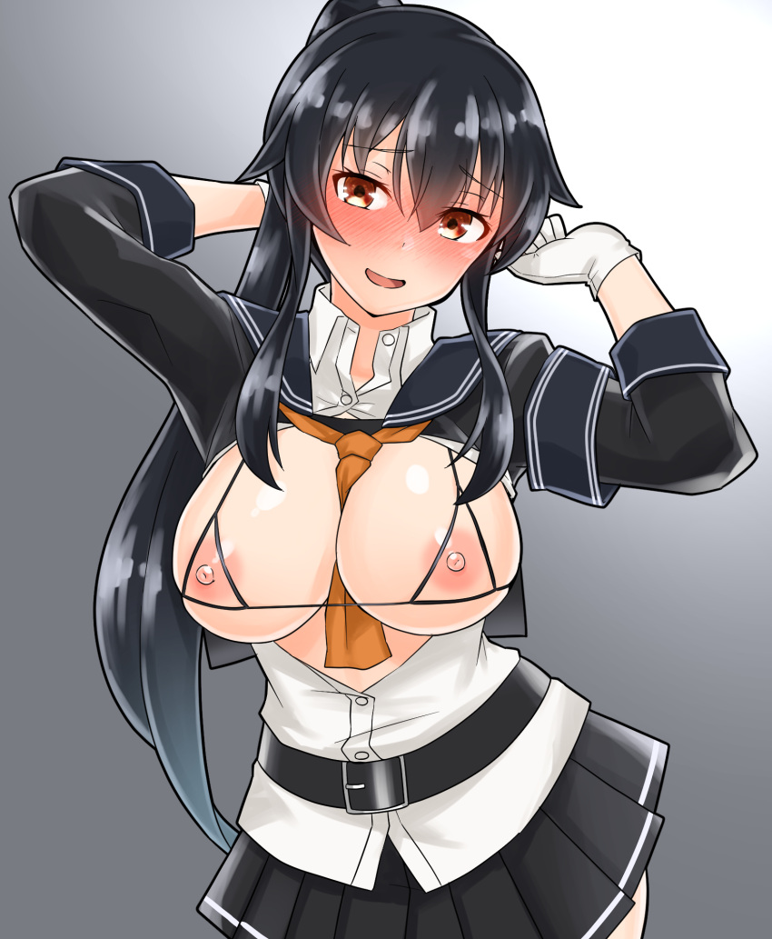 1girl bikini black_hair blush breasts cowboy_shot cupless_bikini furaggu_(frag_0416) gloves gradient_background grey_background highres kantai_collection large_breasts long_hair long_sleeves looking_at_viewer neckerchief open_mouth orange_neckerchief partially_unbuttoned pleated_skirt ponytail red_eyes school_uniform serafuku sidelocks skirt solo standing swimsuit white_background white_gloves yahagi_(kancolle)