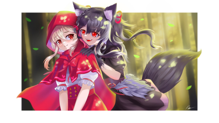 2girls animal_ears black_hair blonde_hair buttons capelet cloak commentary forest highres hitatsuphat hood leaf little_red_riding_hood multiple_girls nature nijigen_project nika_lan_linh nika_linh_lan red_capelet red_cloak red_eyes tail virtual_youtuber wolf_girl wolf_tail