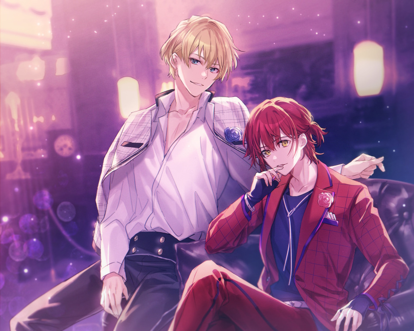 2boys black_pants black_shirt blonde_hair blue_eyes blue_flower blurry blurry_background collarbone flower hair_between_eyes hanasaki_miyabi highres holostars host host_club jacket jacket_on_shoulders kishido_temma light_particles looking_at_viewer male_focus multiple_boys one_side_up open_clothes open_jacket pants parted_lips pink_flower red_hair red_jacket shirt short_hair sitting sleeves_past_wrists smile virtual_youtuber white_shirt yellow_eyes yuu5078