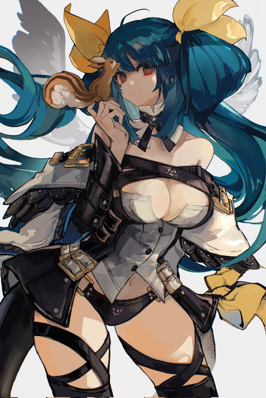 1girl angel_wings animal asymmetrical_wings bare_shoulders belt black_panties black_thighhighs blue_hair breasts carrying cleavage cleavage_cutout closed_mouth clothing_cutout detached_collar detached_sleeves dizzy_(guilty_gear) found_modori guilty_gear guilty_gear_xrd hair_between_eyes highres large_breasts long_hair looking_at_viewer mature_female midriff monster_girl navel off_shoulder panties red_eyes ribbon shaded_face sidelocks smile solo squirrel tail tail_ornament tail_ribbon thick_thighs thigh_strap thighhighs thighs twintails underwear wings yellow_ribbon