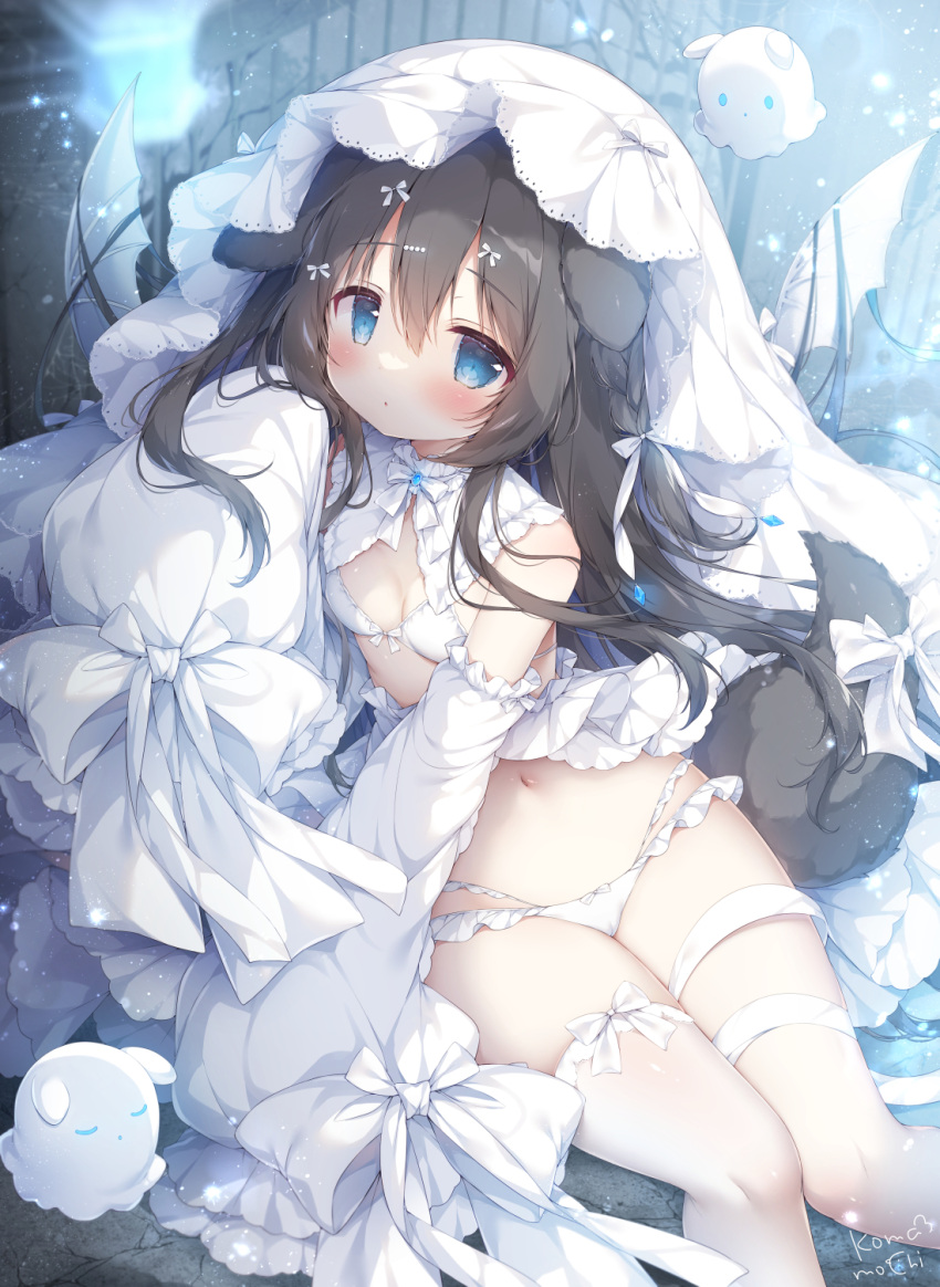 1girl :o artist_name bandages bare_shoulders bikini black_hair black_tail blue_background blue_eyes blue_gemstone blurry blurry_background blush bow bowtie bra breasts cleavage covered_pussy crack detached_sleeves dress feet_out_of_frame frilled_panties frills gem gem_hair_ornament hair_between_eyes high-low_skirt highres hugging_object leg_ribbon long_hair long_sleeves looking_at_viewer momozu_komamochi navel on_ground panties parted_lips pillow puffy_sleeves ribbon shiny_skin signature sitting sleeves_past_fingers sleeves_past_wrists small_breasts solo swimsuit thighhighs underwear veil white_bikini white_bow white_bowtie white_bra white_dress white_panties white_sleeves white_thighhighs zettai_ryouiki