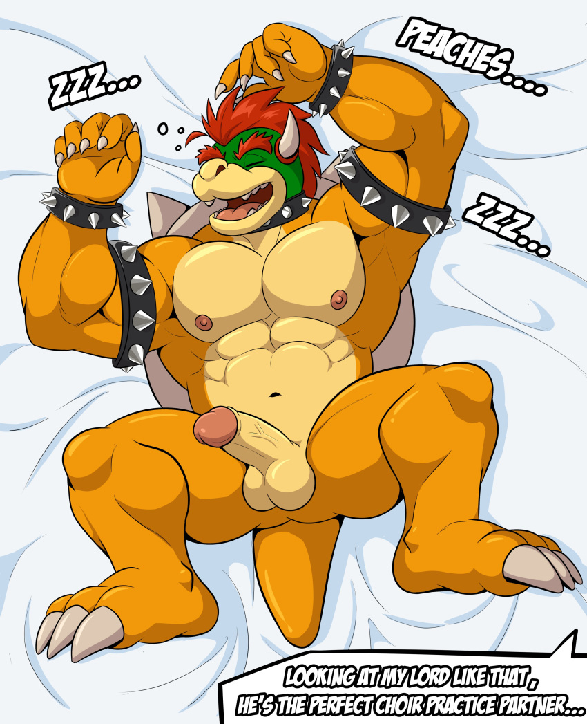 2023 abs absurd_res anthro armband balls bedding bedding_background biceps big_muscles bowser bracelet claws collar dialogue english_text erection eyebrows genitals hair hi_res horn humanoid_genitalia humanoid_penis jewelry koopa lying male mario_bros mezzmar muscular muscular_anthro muscular_male narrowed_eyes navel nintendo nipples non-mammal_balls non-mammal_nipples nude obliques offscreen_character on_back open_mouth open_smile pecs penis scalie serratus shell sleeping smile solo sound_effects spiked_armband spiked_bracelet spiked_collar spiked_shell spikes spikes_(anatomy) teeth text tongue vowelless vowelless_sound_effect zzz