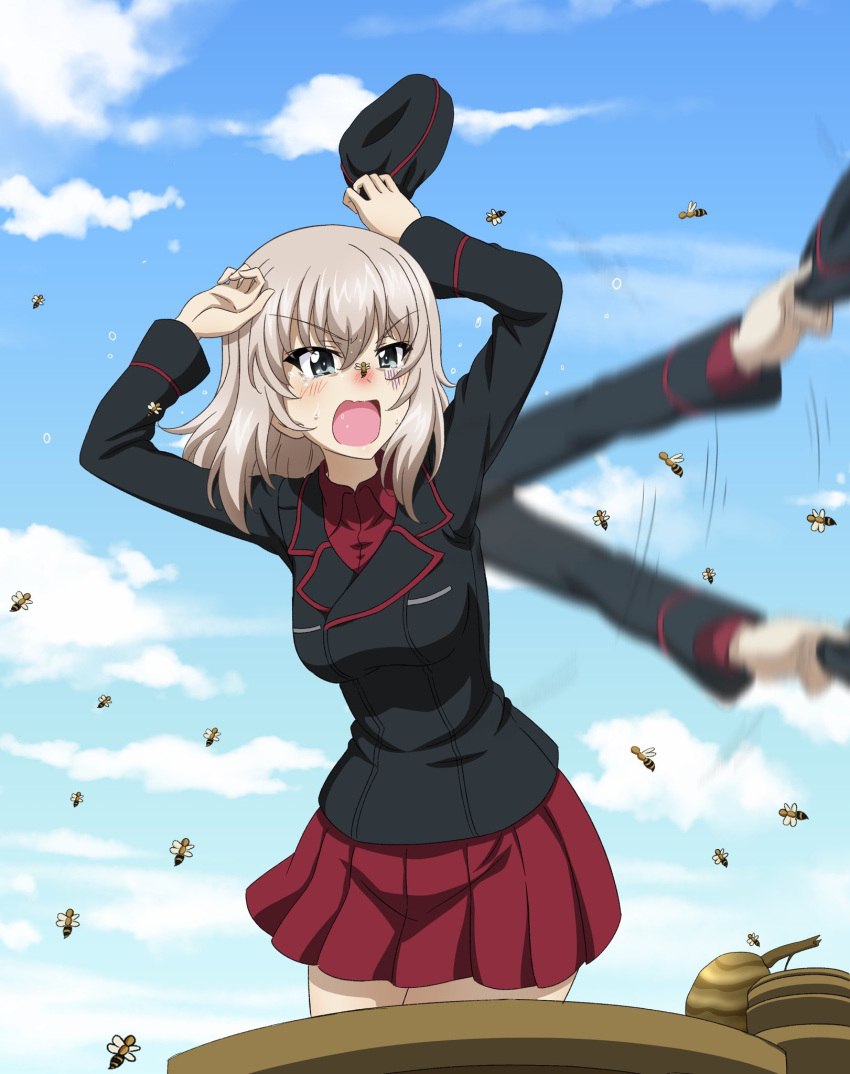 1girl bee blue_eyes blush breasts bug girls_und_panzer highres itsumi_erika key_(gaigaigai123) kuromorimine_military_uniform long_hair medium_breasts military_uniform miniskirt open_mouth outdoors red_skirt skirt sky solo tears uniform white_hair