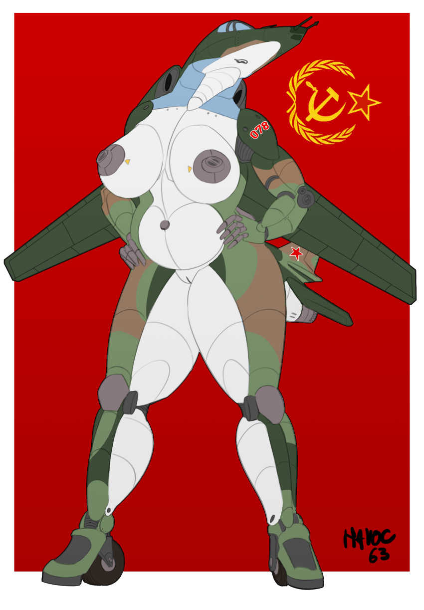 aircraft aircraft_humanoid airplane anthro belly big_breasts breasts camo engine female flat_colors hands_on_hips havoc63 hi_res jet living_aircraft living_machine living_vehicle machine navel simple_background slightly_chubby solo soviet_flag tail vehicle wings