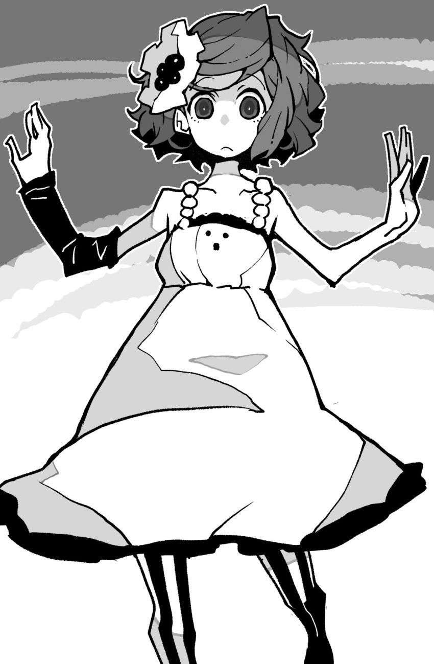 1girl arm_warmers beads closed_mouth collarbone commentary_request don't_say_"lazy" dowman_sayman dress expressionless feet_out_of_frame flower greyscale hair_flower hair_ornament hands_up highres hirasawa_yui k-on! light_frown looking_at_viewer monochrome official_alternate_costume outline pantyhose raised_eyebrows short_dress short_hair single_arm_warmer sleeveless sleeveless_dress solo spaghetti_strap standing standing_on_one_leg striped striped_pantyhose swept_bangs vertical-striped_pantyhose vertical_stripes w_arms wide-eyed