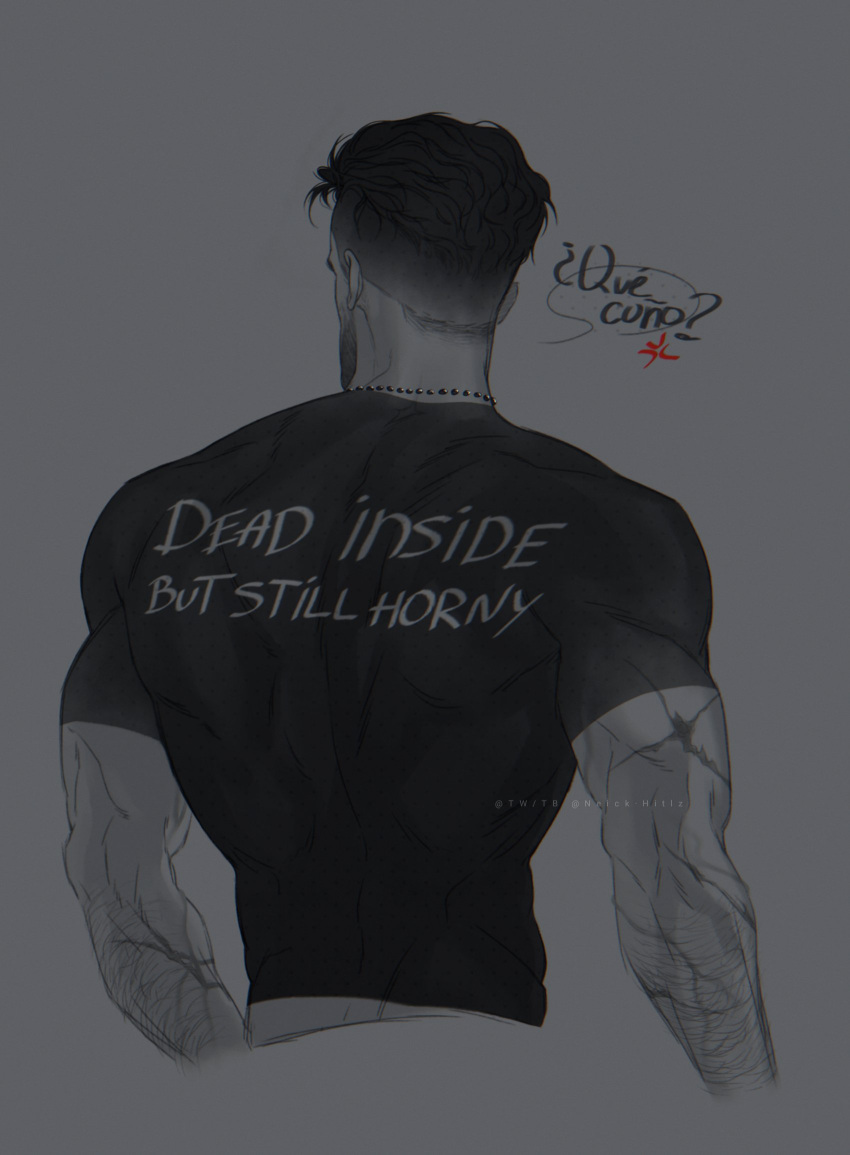 1boy arm_hair back back_focus bara call_of_duty call_of_duty:_modern_warfare_2 clothes_writing cropped_torso english_text from_behind highres language_request male_focus mature_male muscular muscular_male neick_hitlz shirt short_hair solo t-shirt victor_1-1_(modern_warfare_2)